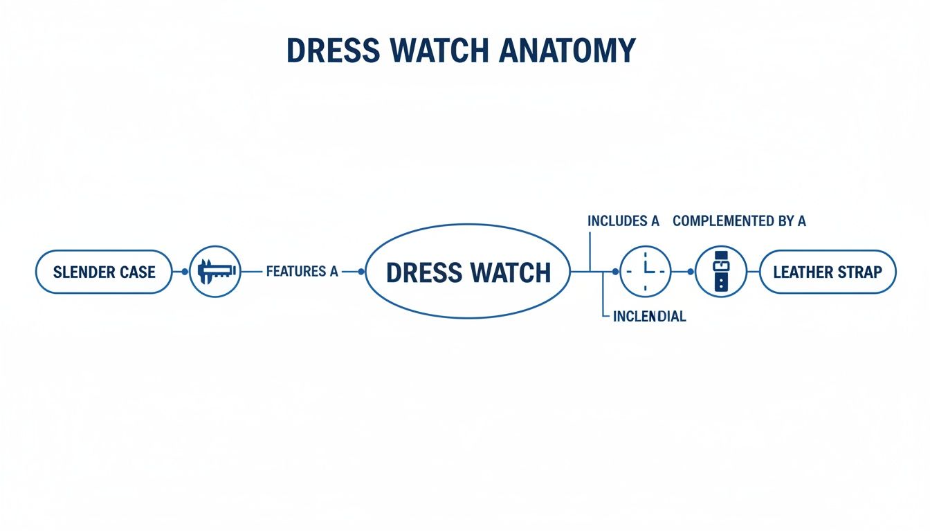 A diagram illustrating the anatomy of a dress watch, highlighting its slender case, clean dial, and leather strap.