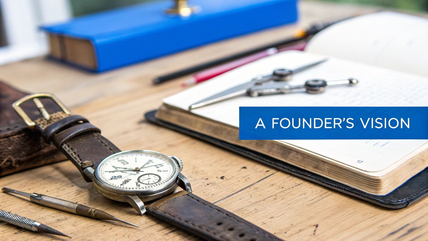 Close-up of a vintage wristwatch, watch tools, and a notebook on a wooden desk with "A FOUNDER'S VISION" text overlay.
