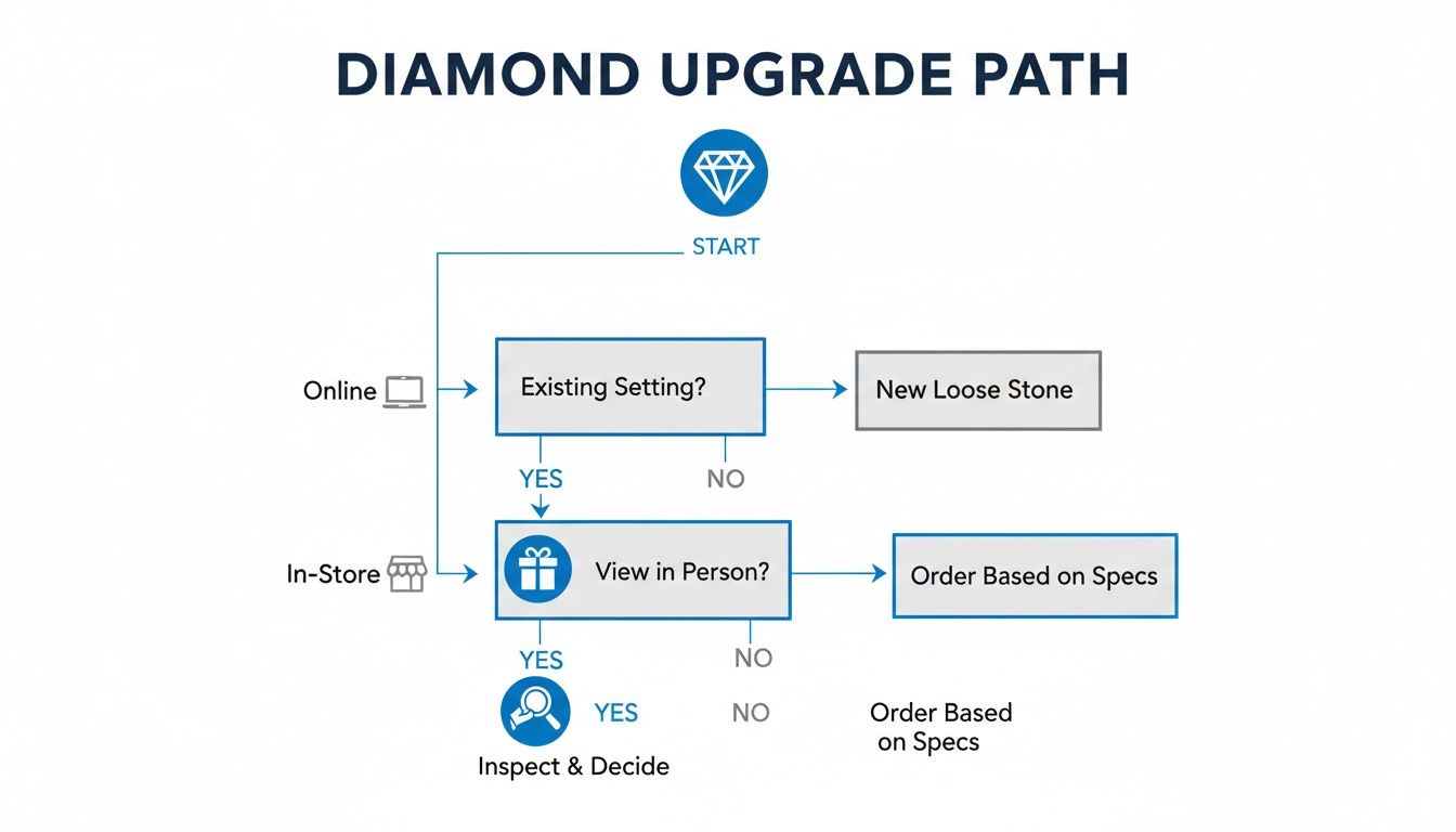 Flowchart illustrating the diamond upgrade path, offering choices for online or in-store processes, existing settings, and personal viewing.