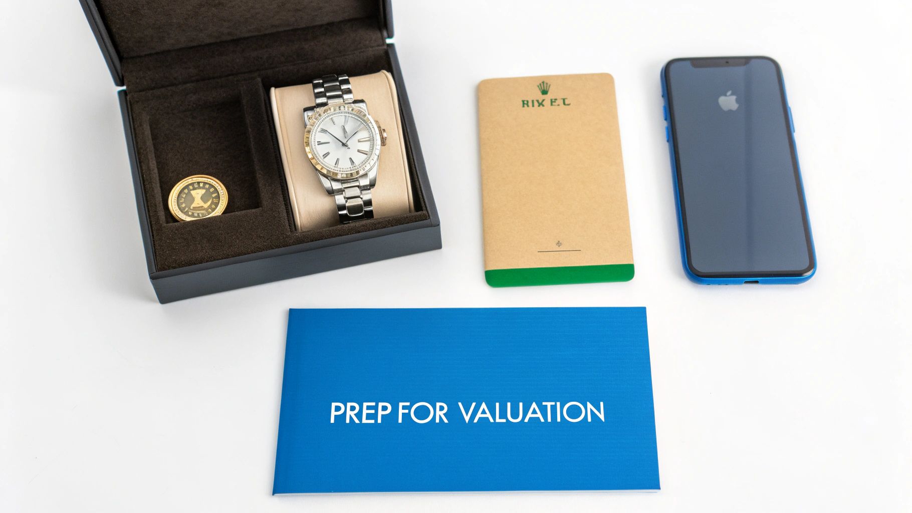 Luxury Rolex watch in a box, a gold coin, an iPhone, and a 'Prep for Valuation' booklet.