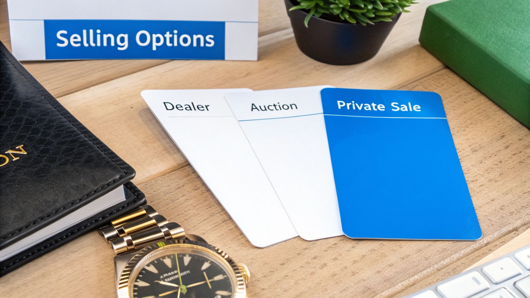 Selling options like dealer, auction, private sale cards on a desk with a luxury watch and notebook.