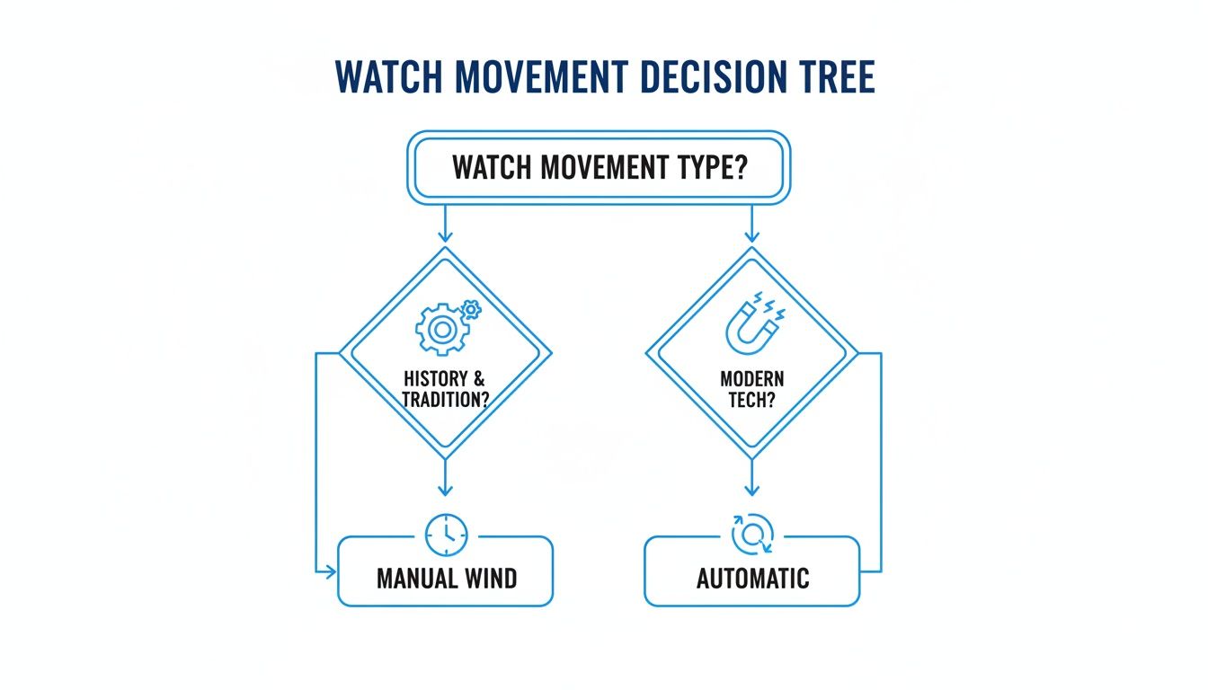 Decision tree outlining watch movement choices: manual wind for tradition, automatic for modern technology.