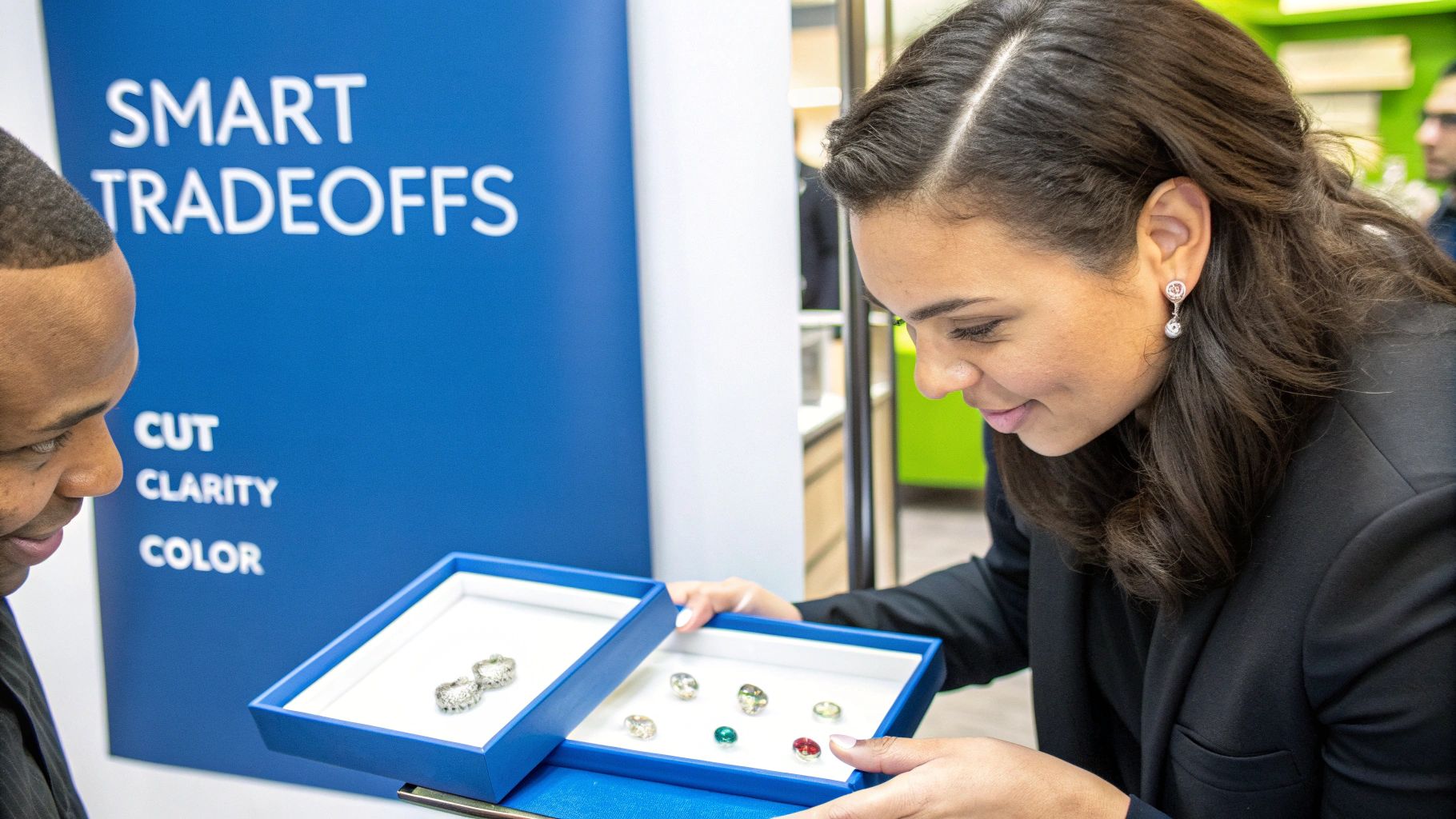 Jewelry consultant showing customer various diamonds in trays discussing cut clarity and color options