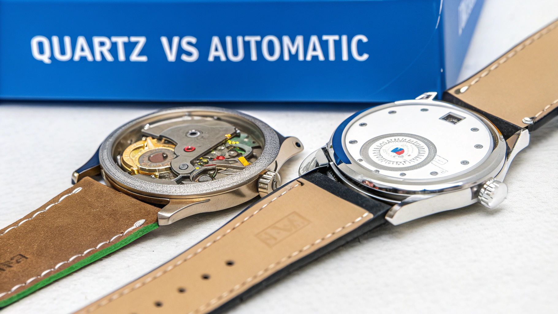 Two watches side-by-side, one revealing an intricate automatic movement, with 'QUARTZ VS AUTOMATIC' in background.