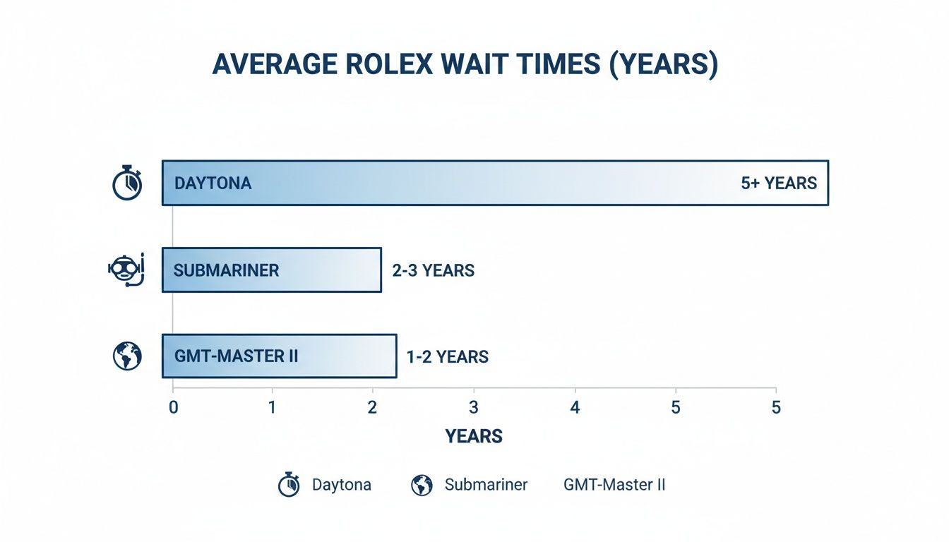 Bar chart showing average Rolex wait times by model: Daytona 5+, Submariner 2-3, GMT-Master II 1-2 years.
