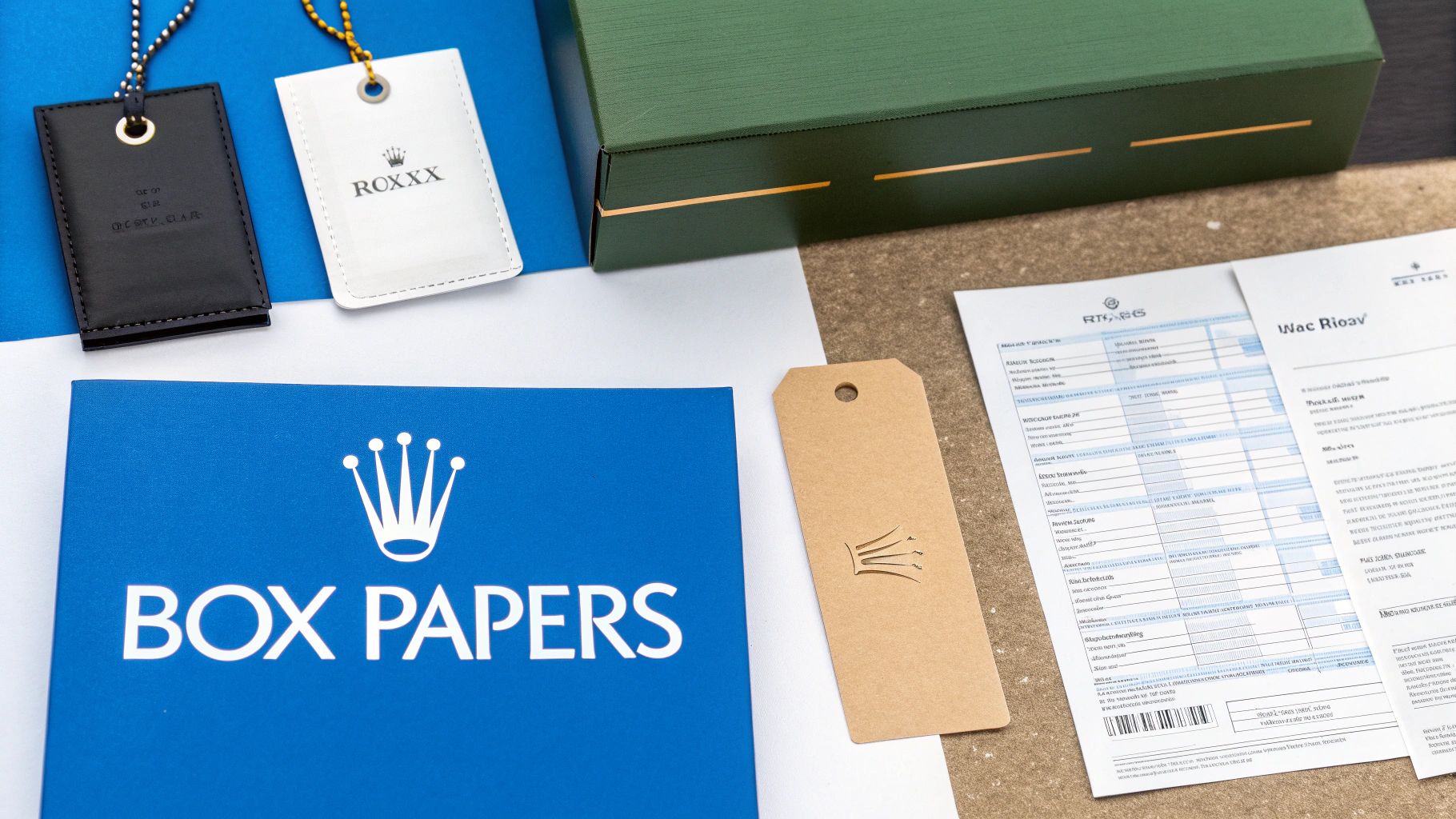 A complete Rolex set including the green box, warranty card, and booklets.