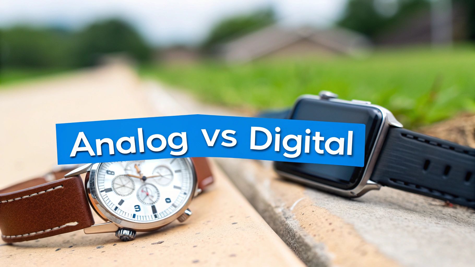 A classic analog wristwatch with a brown leather strap next to a modern digital smartwatch.