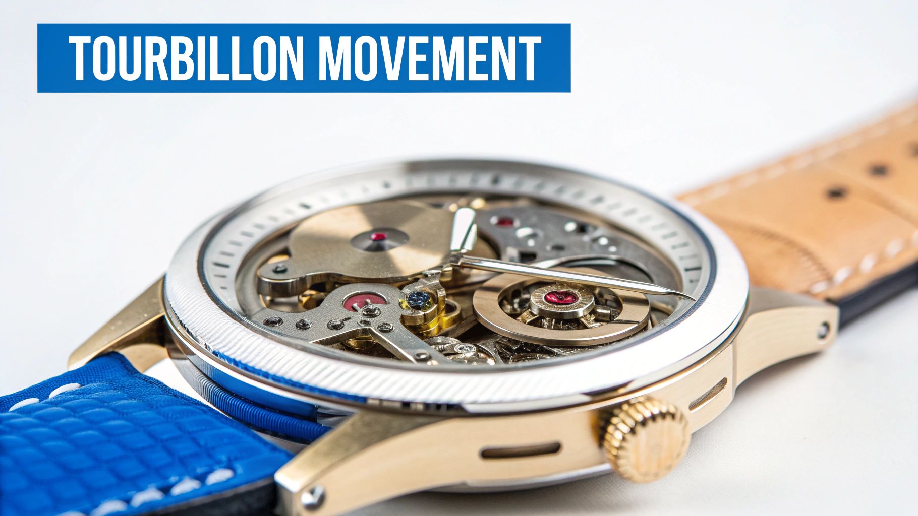 Luxury tourbillon watch movement mechanism showing intricate gears and automatic winding rotor with blue strap