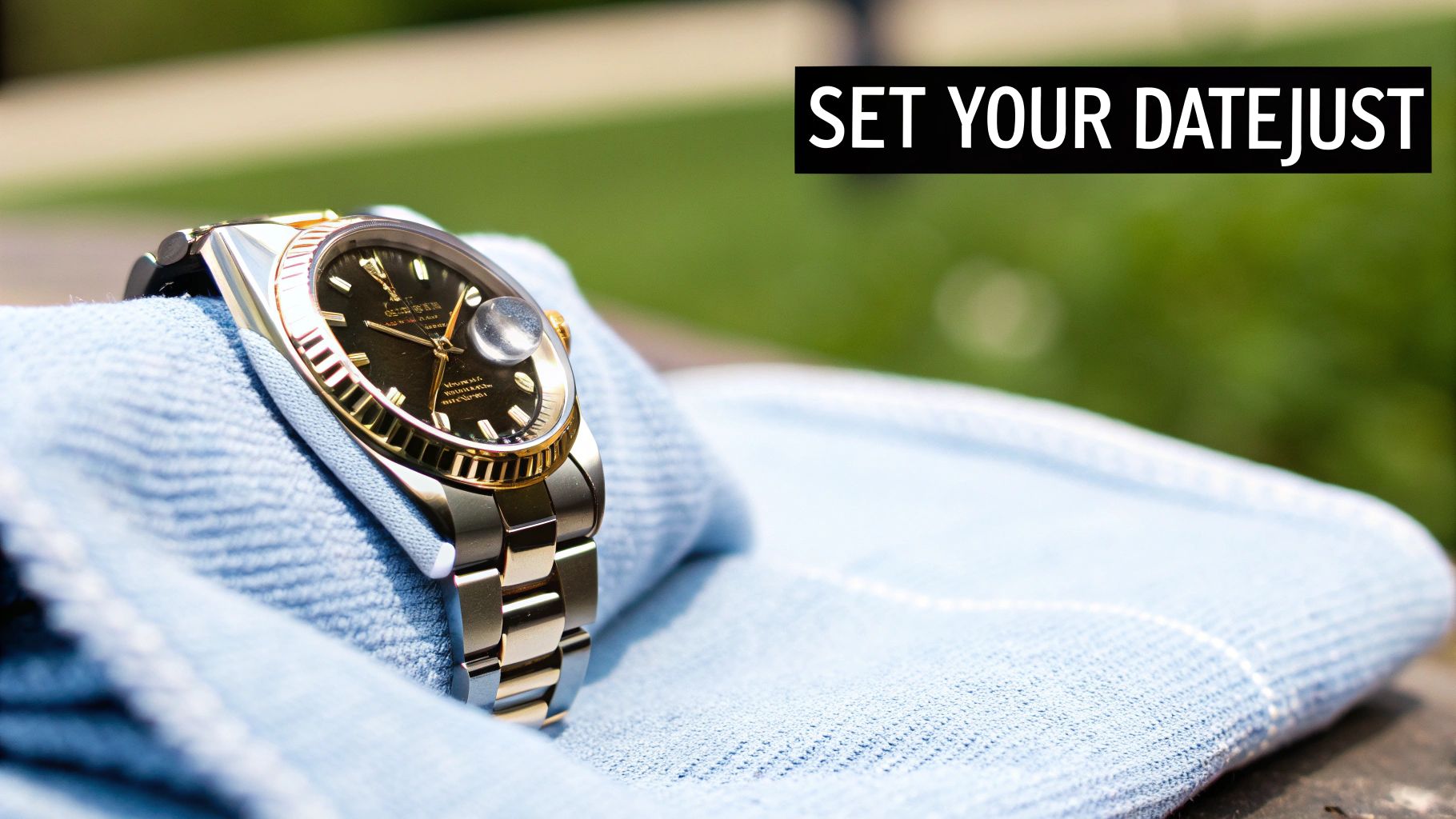 A two-tone Rolex Datejust watch with a black dial rests on a blue cloth, featuring text 'SET YOUR DATEJUST'.