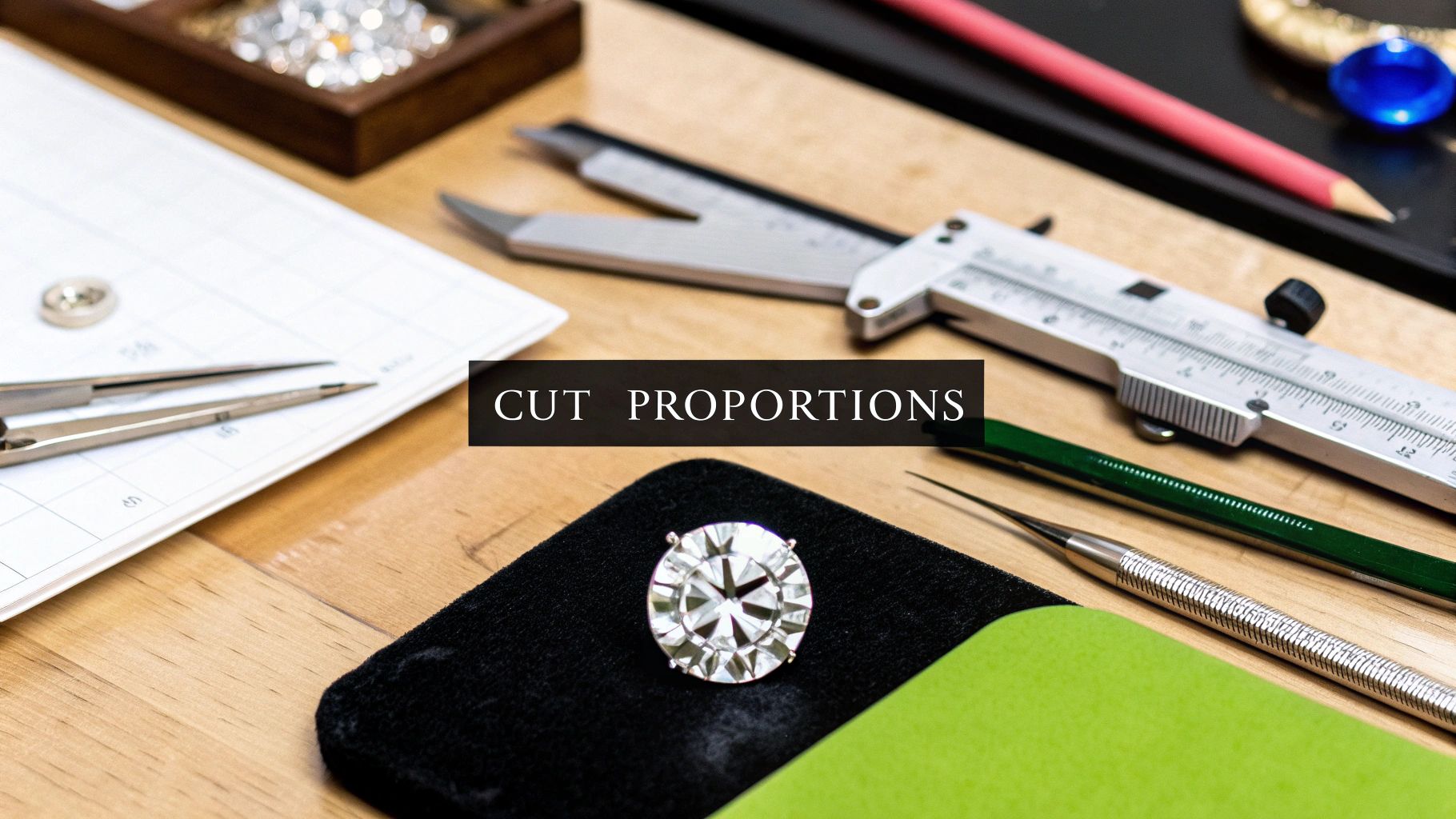 Gemology tools and a sparkling round diamond on a black pad with 'Cut Proportions' text.