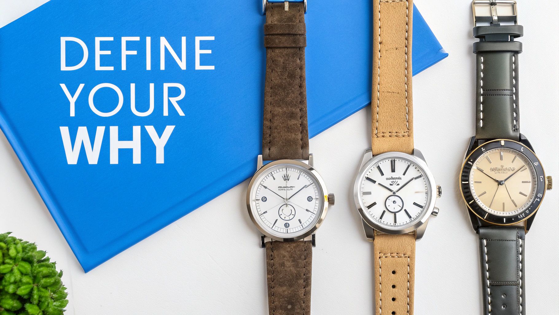 Three elegant wristwatches with different straps displayed on a white surface next to a blue book.