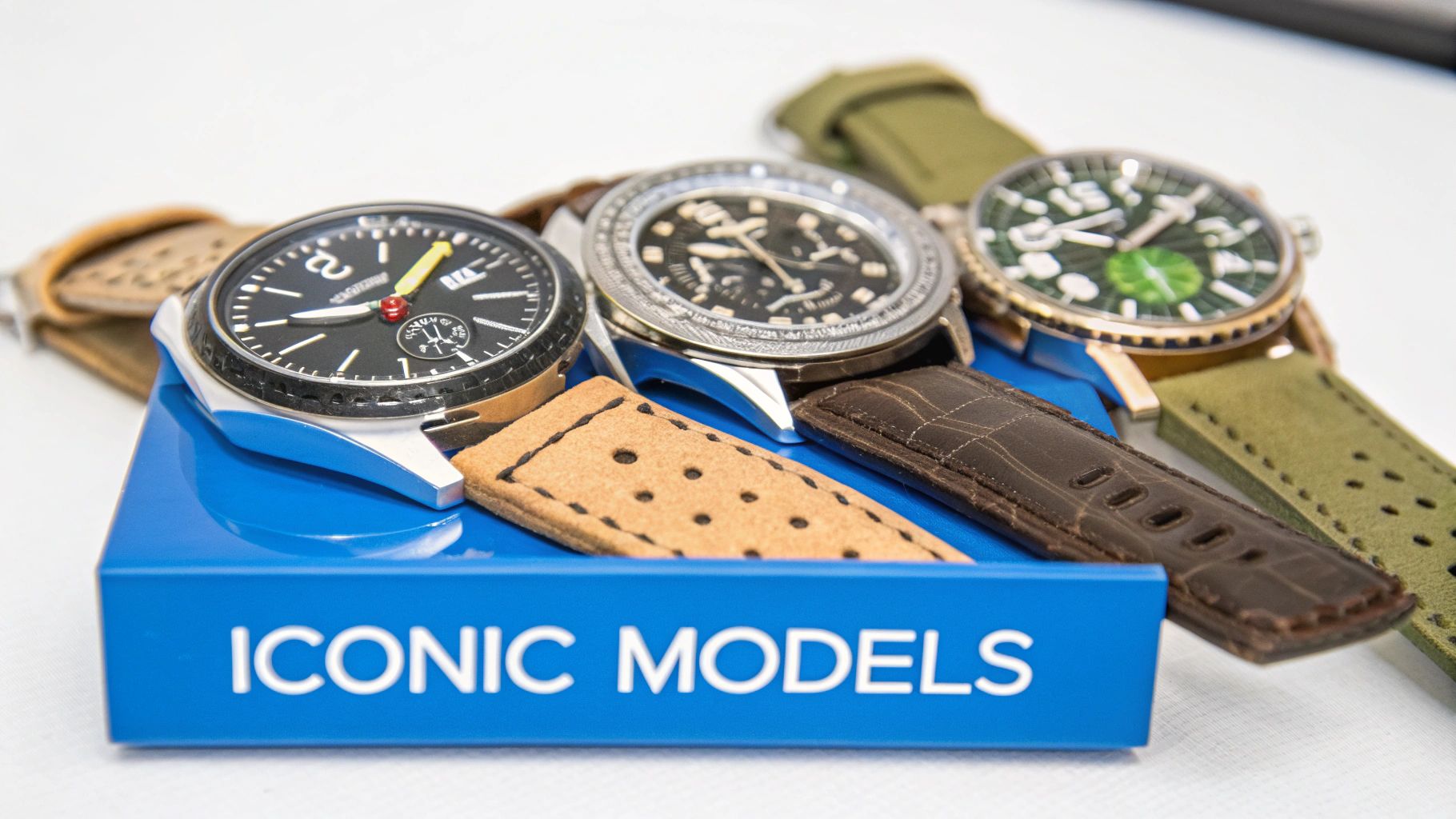 Collection of three iconic pilot watches with diverse straps on a prominent blue display stand.