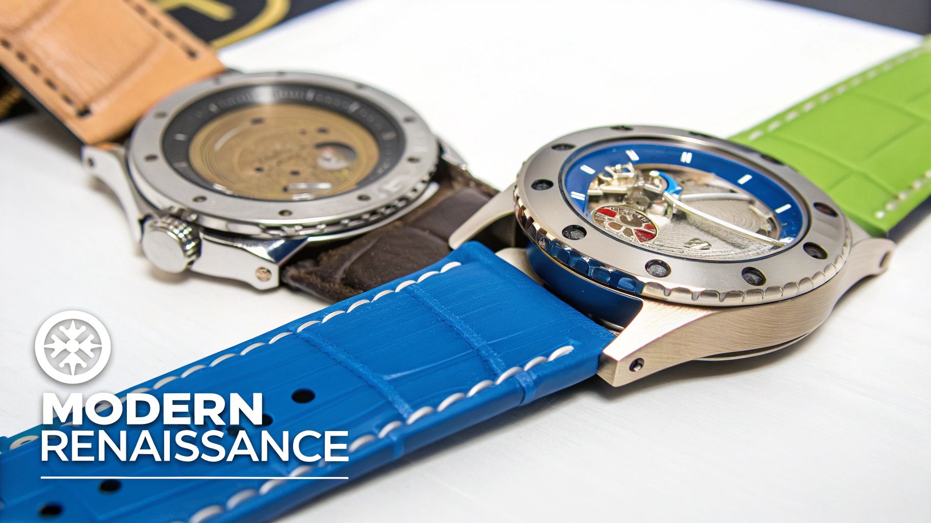 Close-up of two open-worked luxury watches with vibrant leather straps, showcasing their intricate mechanical movements.