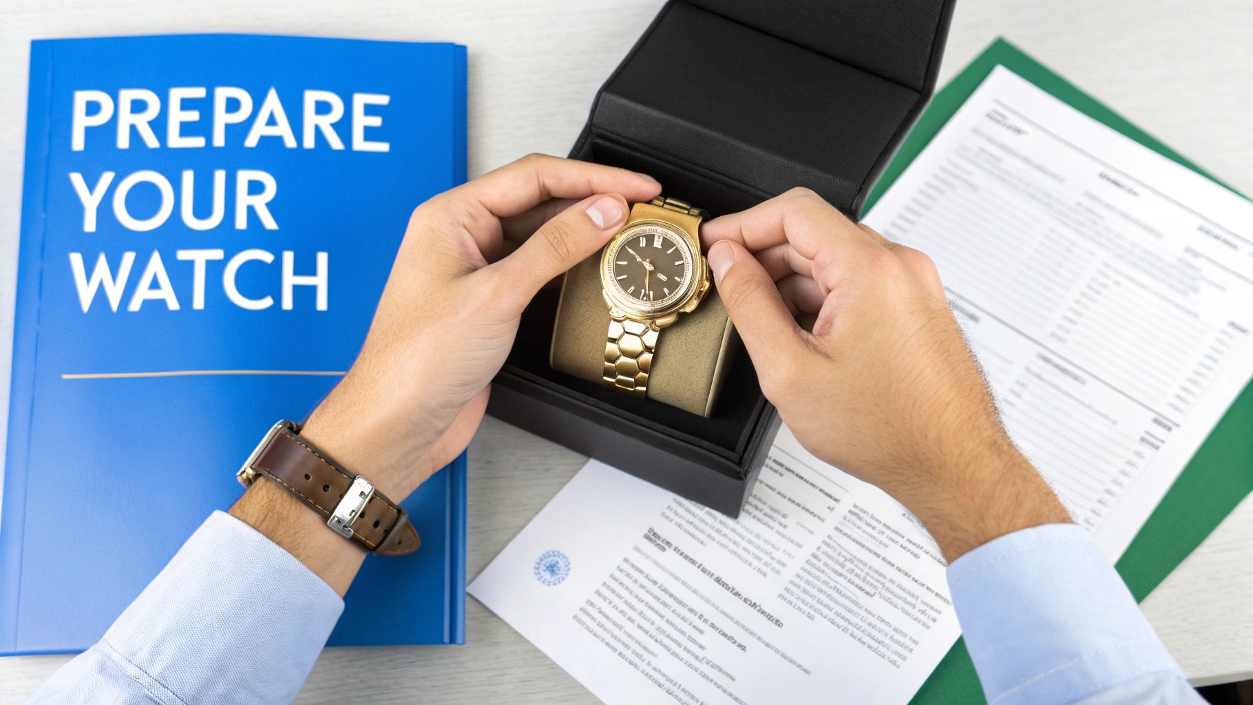 A person's hands holding a gold luxury watch in its box, next to a blue manual.