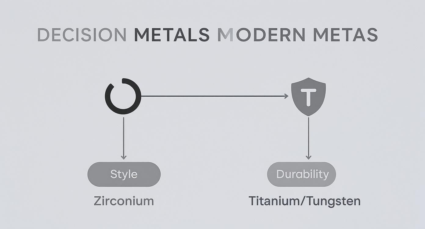 Infographic decision tree for modern wedding band metals, showing style leads to Zirconium and durability leads to Titanium or Tungsten.