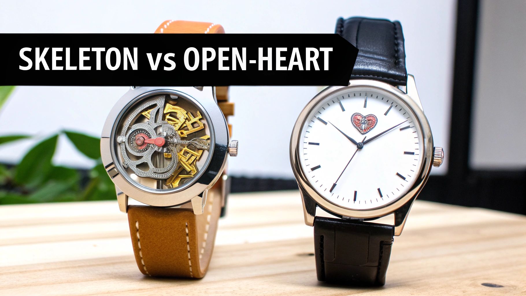 Two watches displayed side-by-side, showcasing a skeleton watch and an open-heart watch.