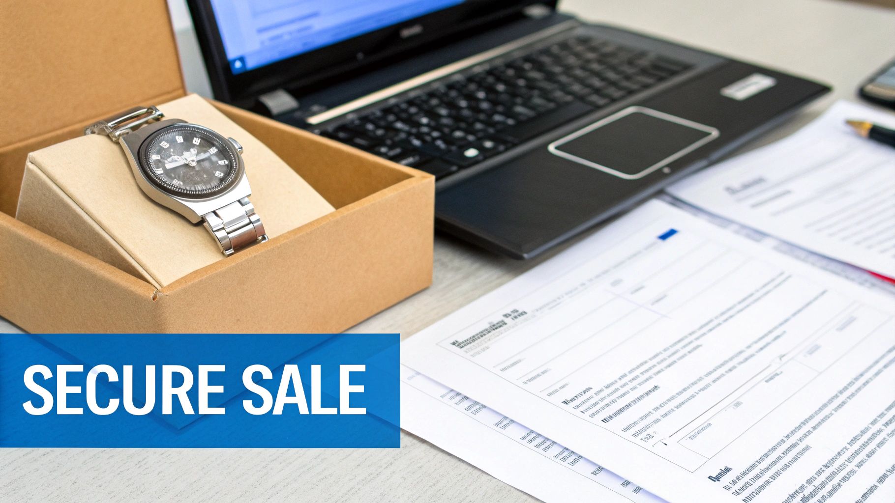 A secure handshake sealing a deal over a table with a luxury watch displayed