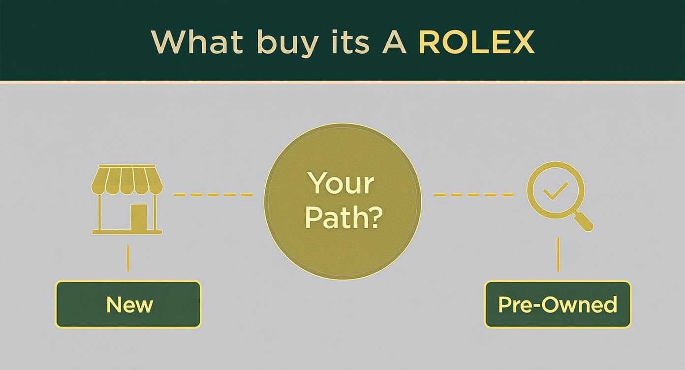 A diagram illustrating the decision path for buying a Rolex watch: New or Pre-Owned.