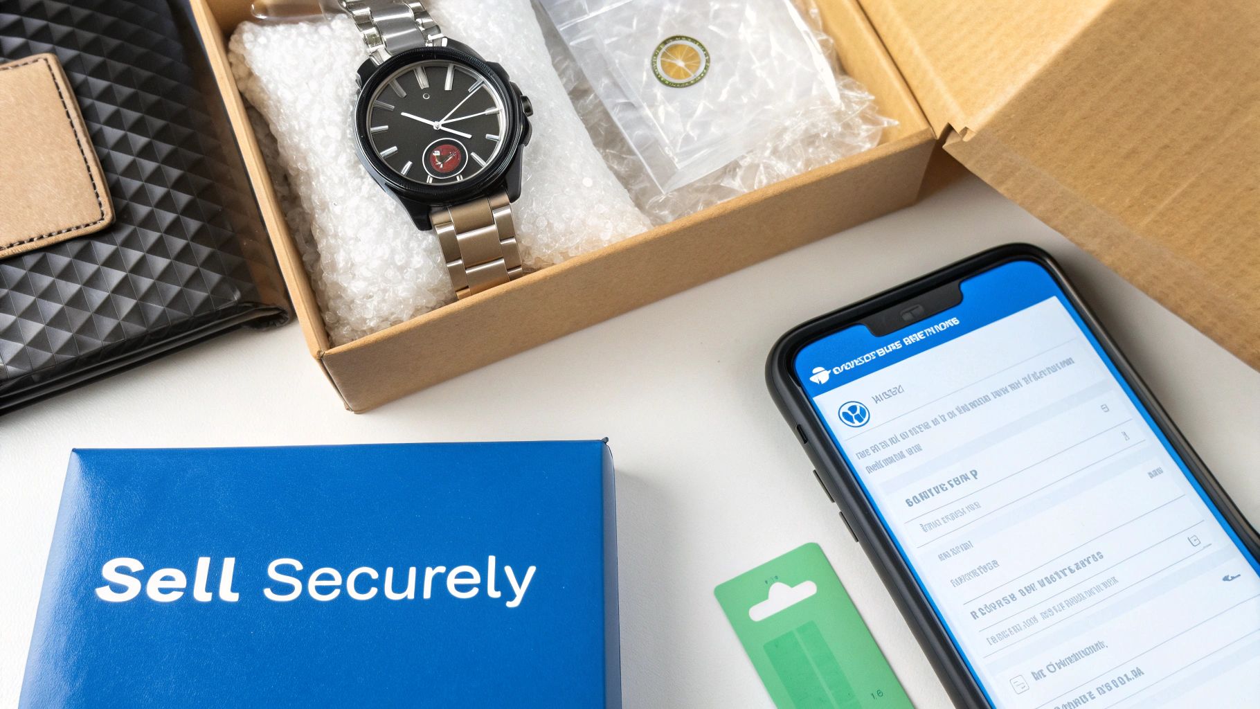 Overhead view of a wristwatch packaged for sale, a smartphone displaying a selling app, and a 'Sell Securely' box.