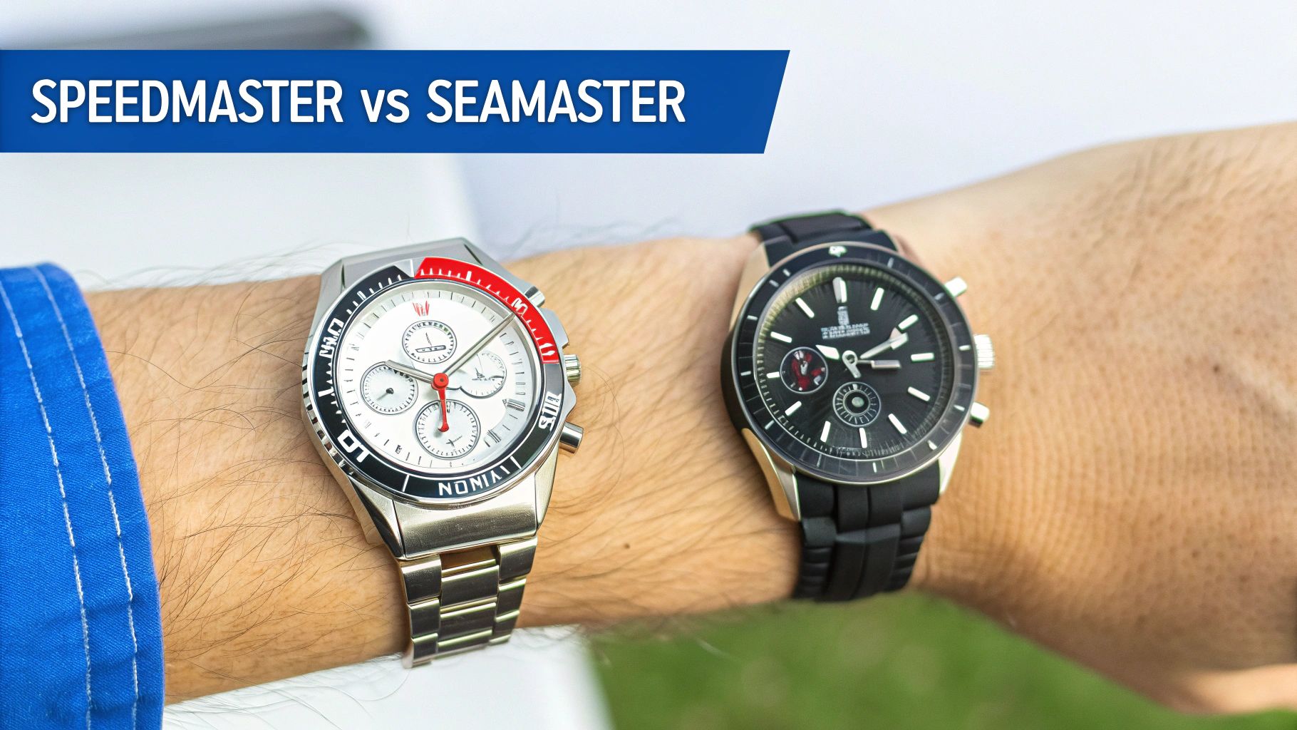 Two chronograph watches, a silver with white dial and a black with black dial, on a wrist.