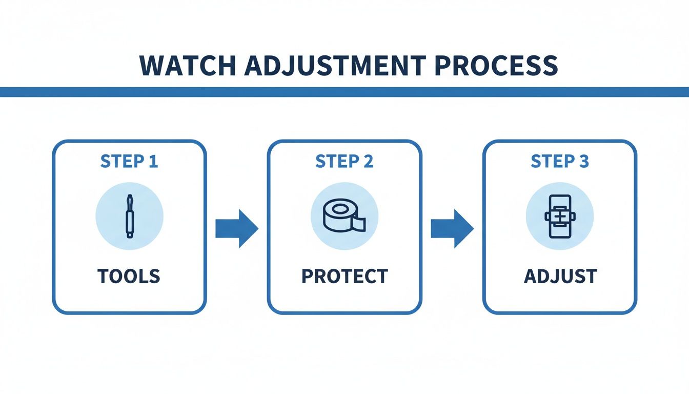 A three-step infographic outlining the watch adjustment process: tools, protection, and adjusting the watch bracelet.