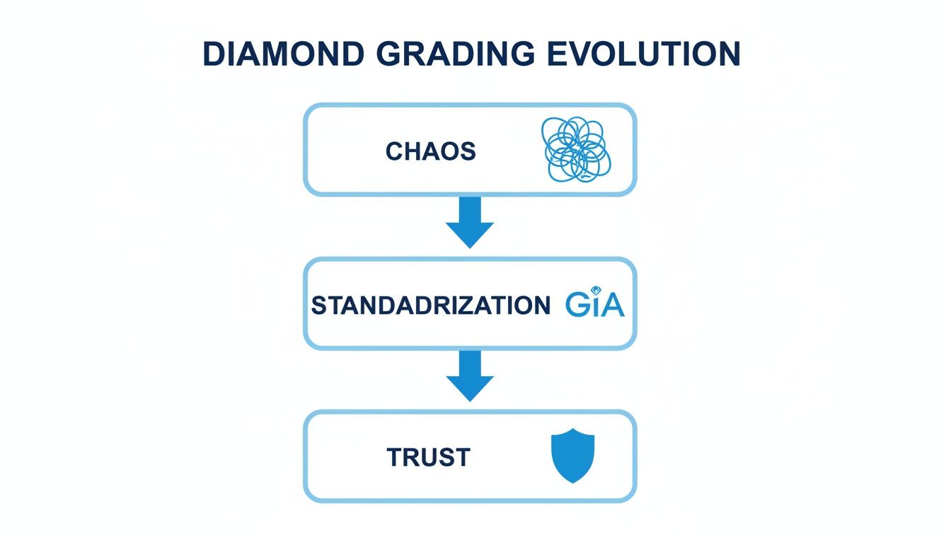 Flowchart illustrating the evolution of diamond grading from chaos to standardization by GIA, leading to trust.