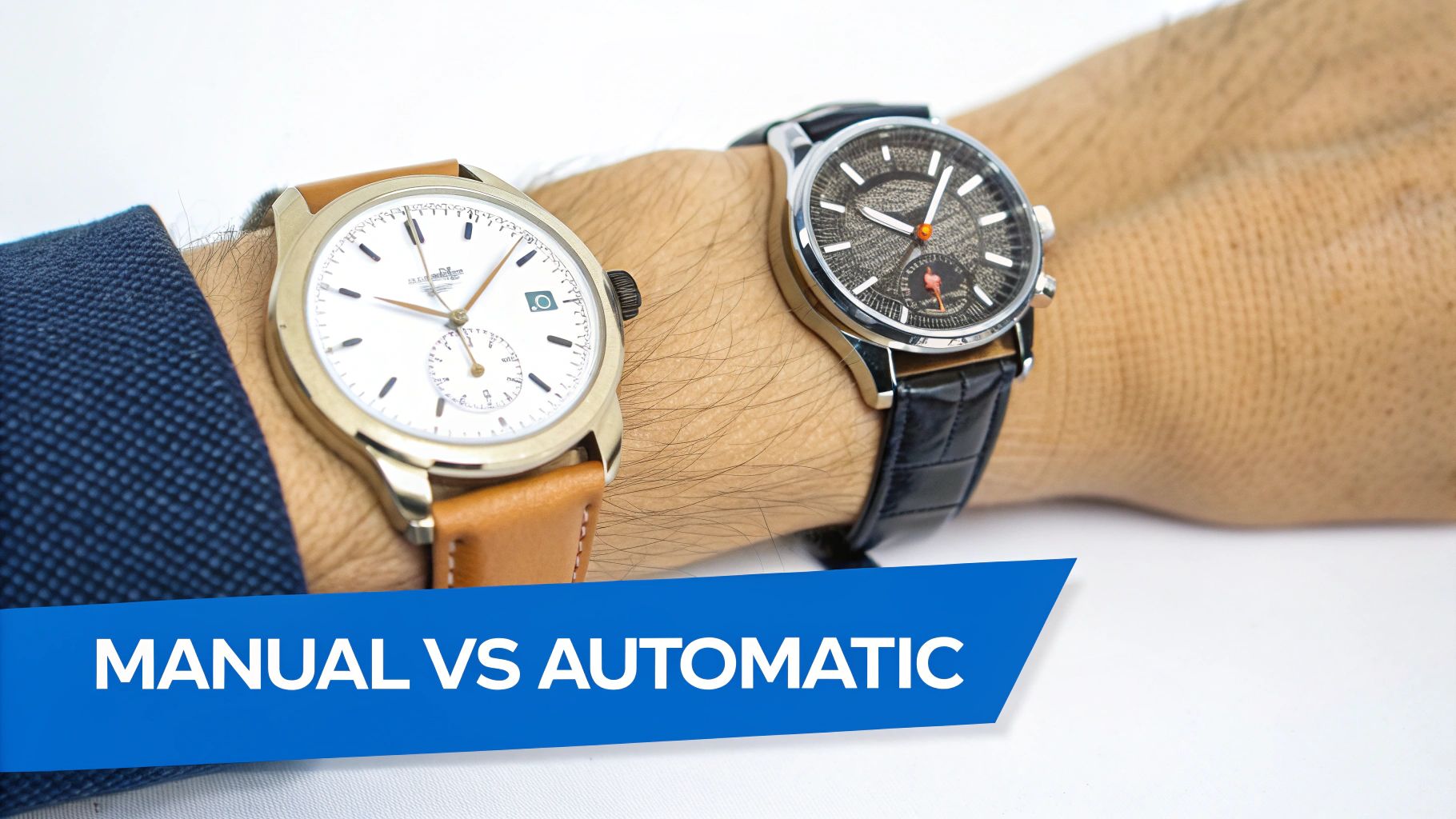 Close-up of two distinct mechanical watches, manual and automatic, on a person's wrist.