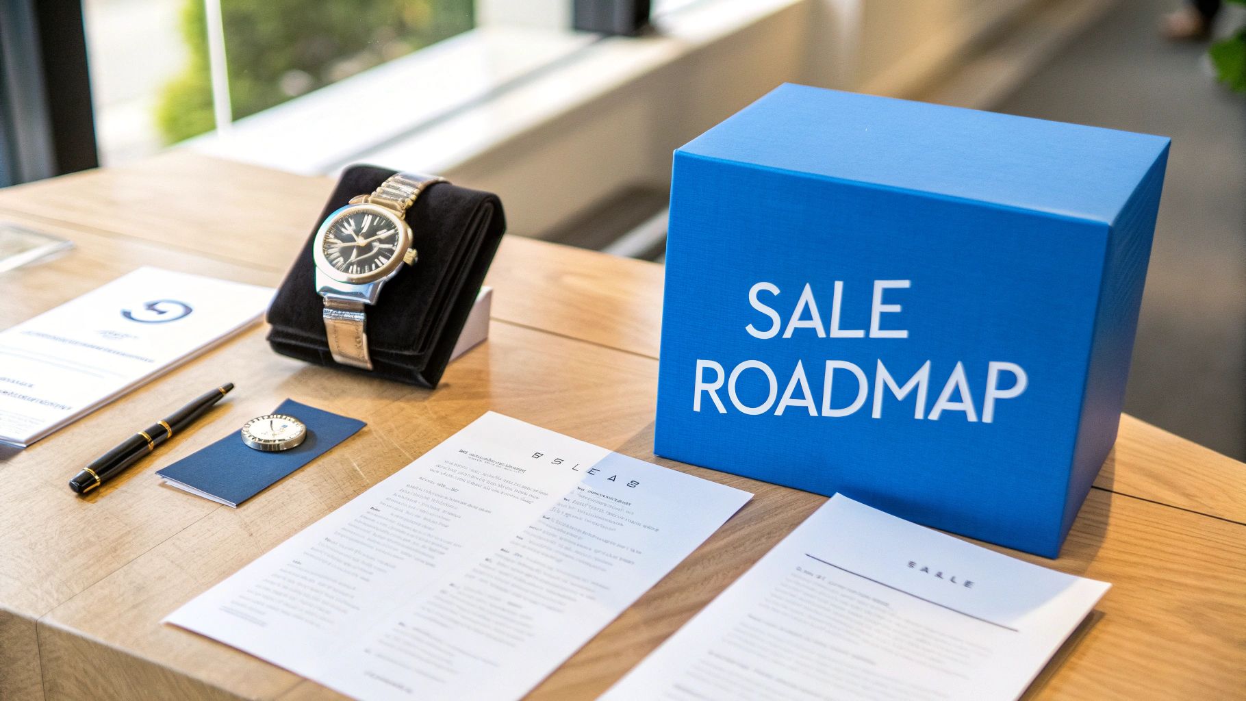 Close-up of a luxury watch, 'SALE ROADMAP' box, and business documents on a wooden table.