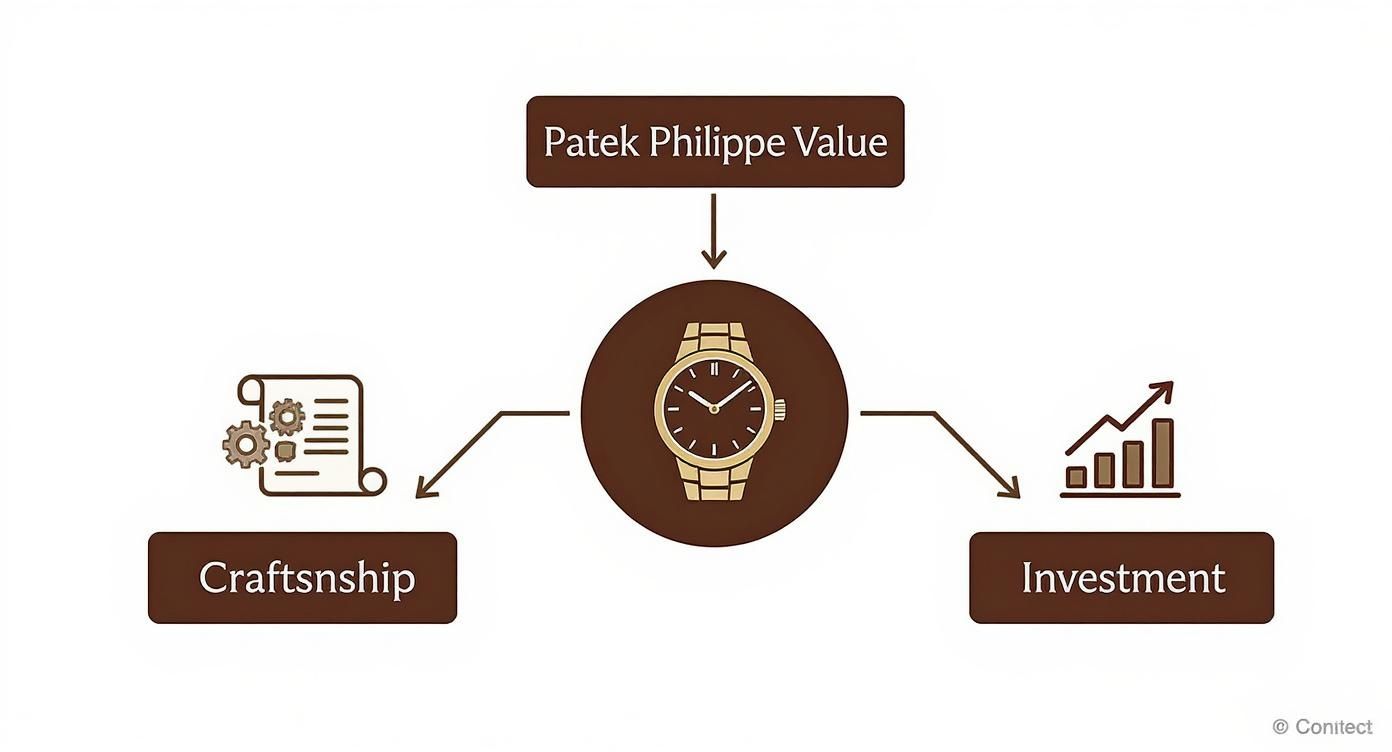 Diagram showing Patek Philippe watch value derived from craftsmanship and investment.