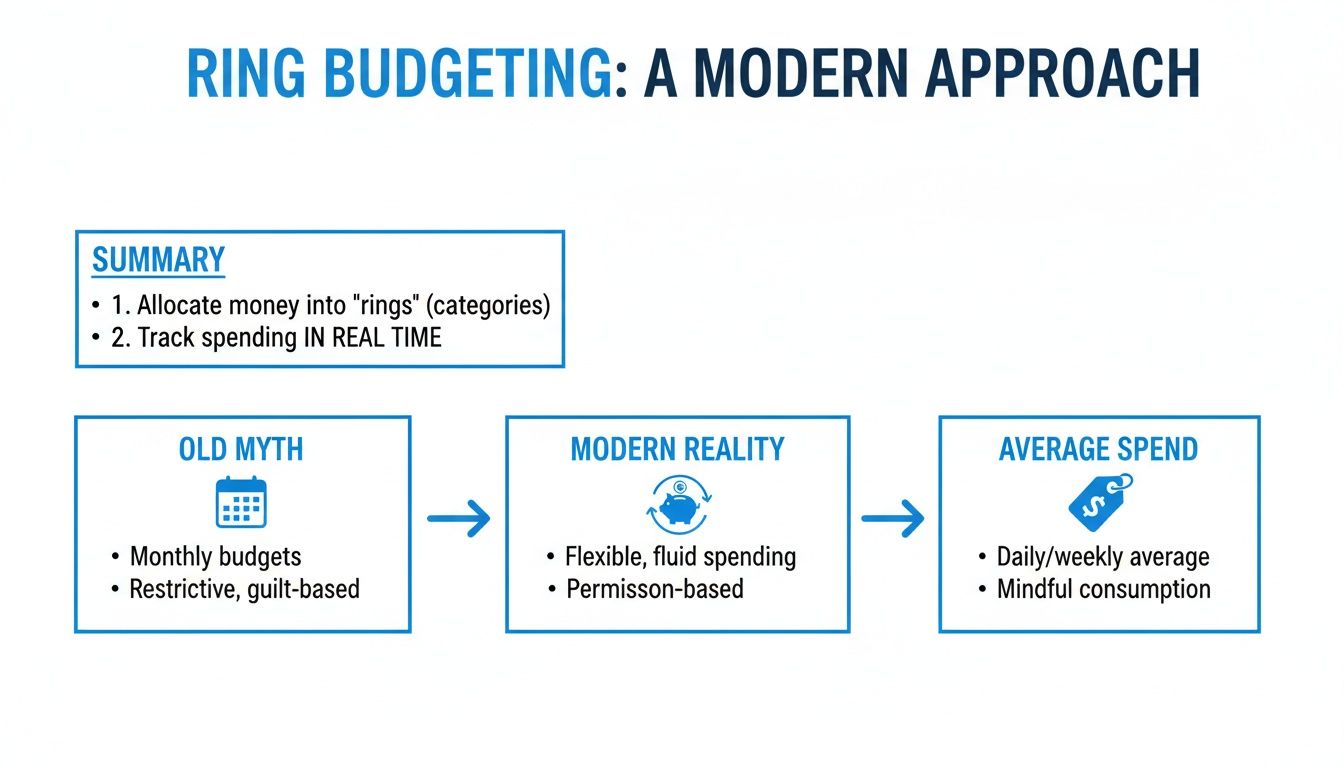 A diagram explaining 'Ring Budgeting: A Modern Approach' comparing old myths to modern realities.