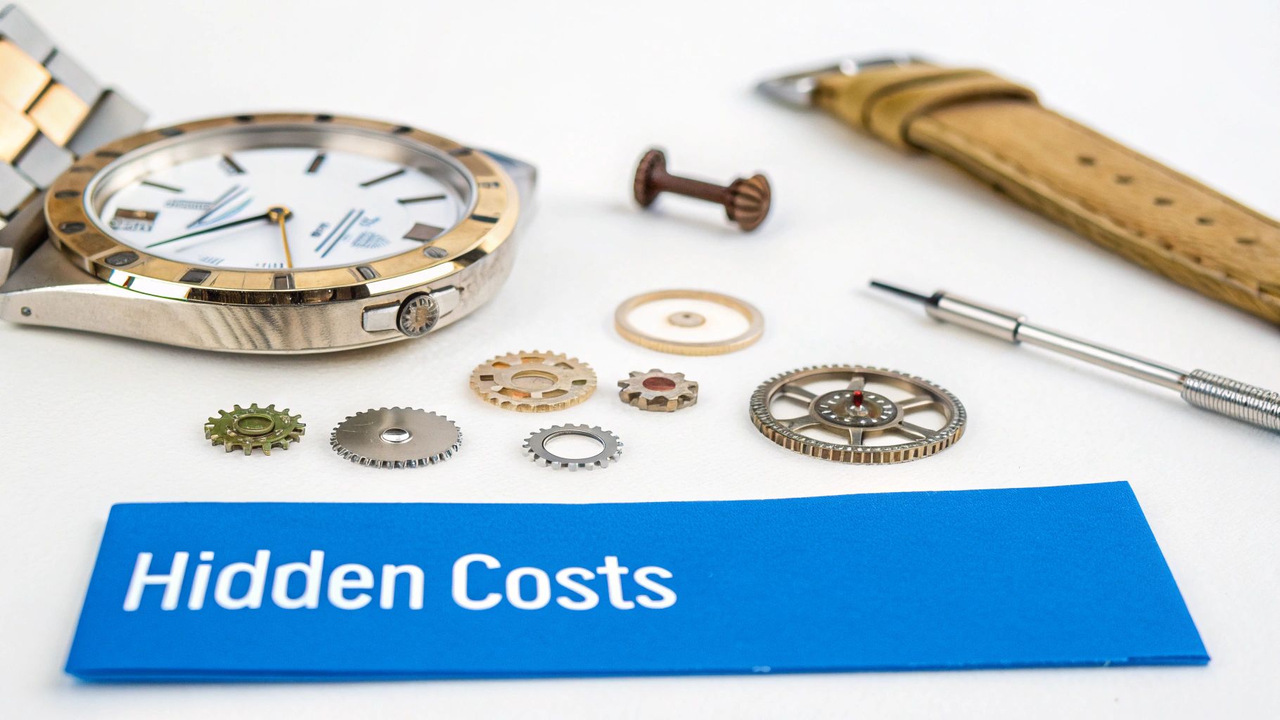 Disassembled watch, gears, and tools on a white surface, next to a 'Hidden Costs' card.