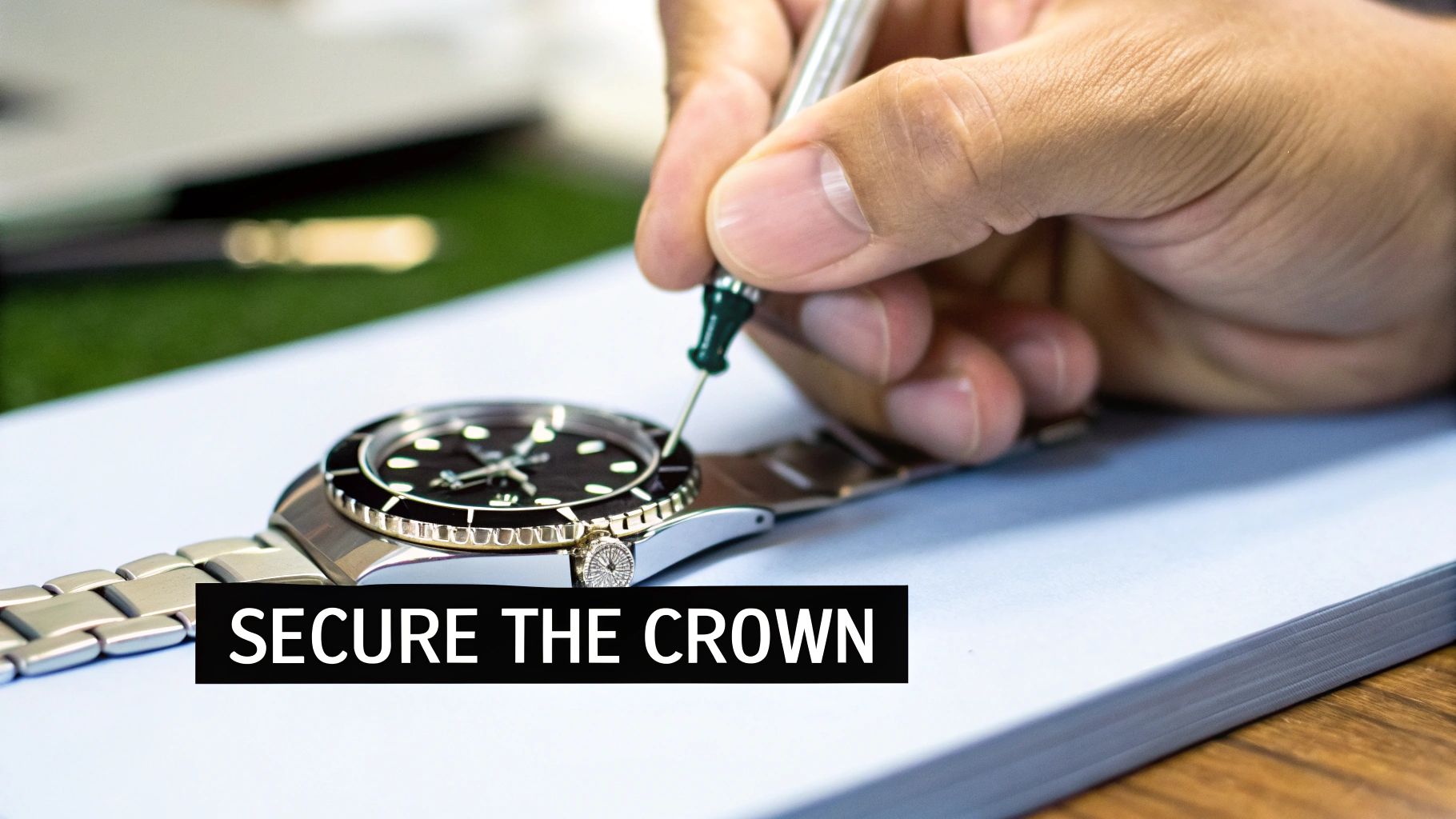 Close-up of a hand using a precision tool to adjust and secure the crown of a classic wristwatch.