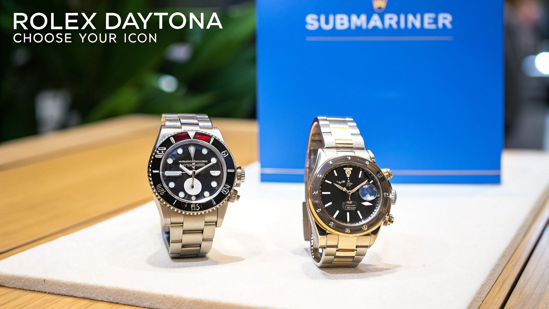 Two luxury Rolex watches, a silver and a gold one, displayed with brand names in background.