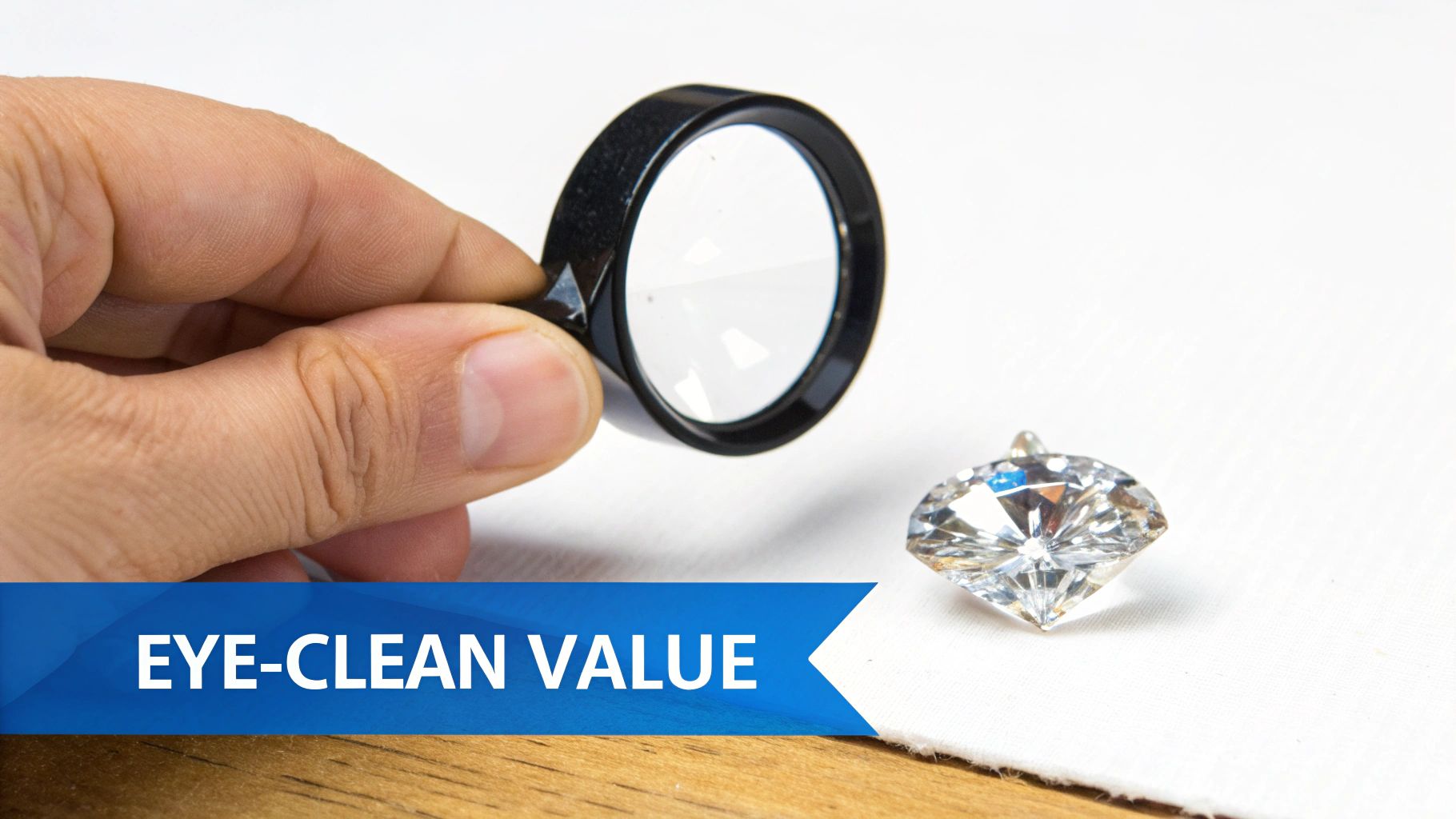 A person inspecting a diamond with a jeweler's loupe in a brightly lit room.