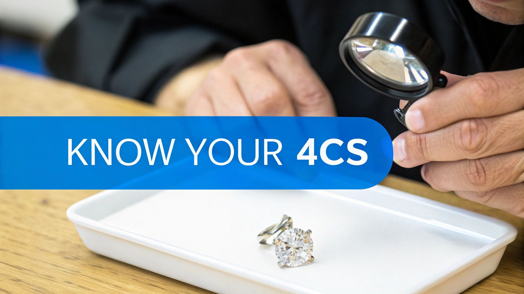 A sparkling round diamond engagement ring held between two fingers