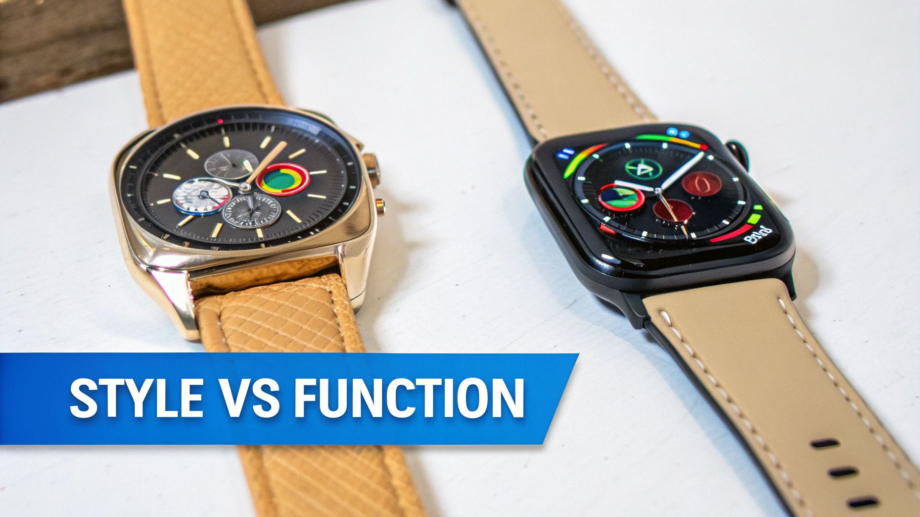 Two watches, an analog chronograph and a digital smartwatch, on a white surface with 'Style vs Function' text.