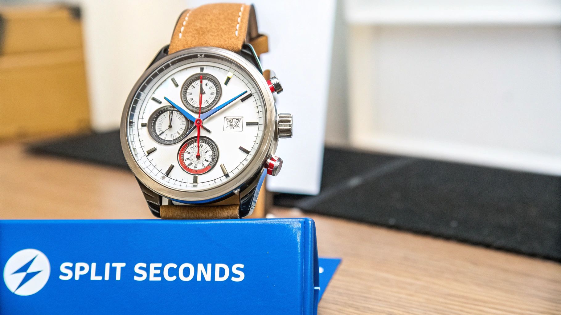 A stylish silver chronograph watch with a white dial, blue hands, and brown strap on a blue "Split Seconds" stand.