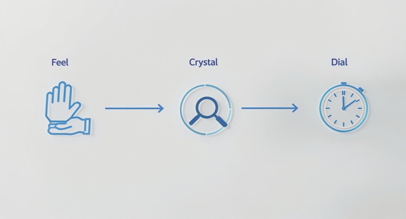 Diagram illustrating steps to authenticate a watch: Feel, Crystal, and Dial inspection with blue icons.