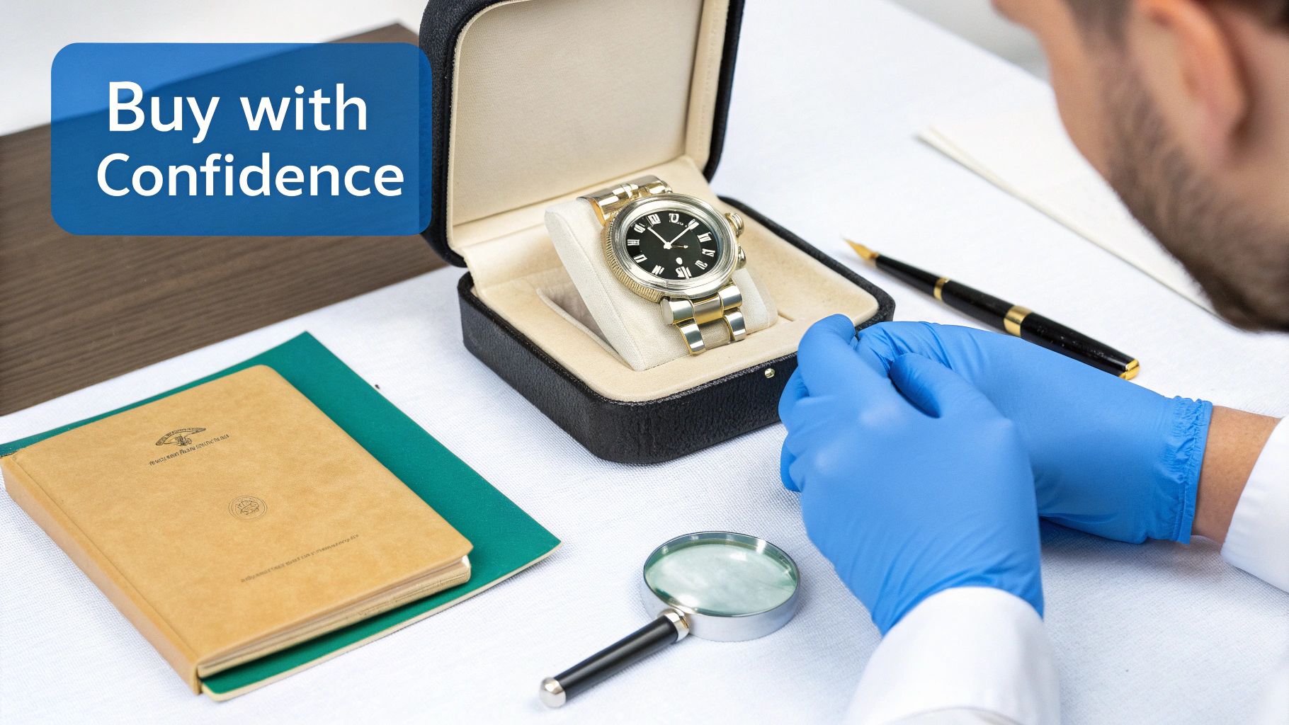 A person in blue gloves carefully inspects a luxury watch in its open case with a magnifying glass.
