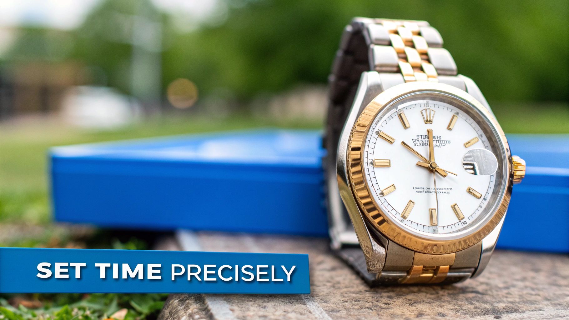 A close-up view of a gold and silver Rolex Datejust watch with a white dial, on a textured surface.