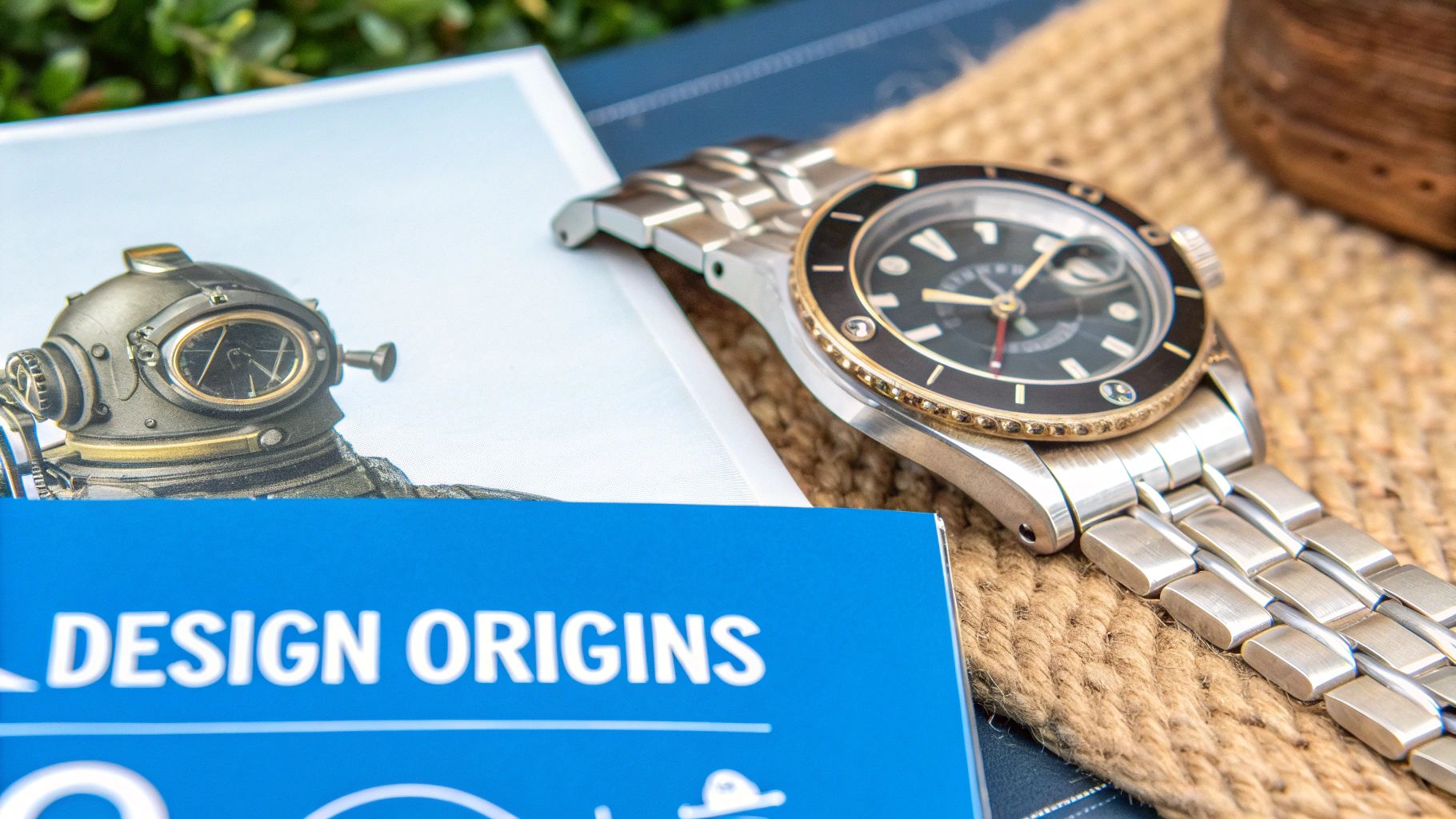 A classic dive watch with a gold bezel and metal bracelet next to a book showing a vintage diving helmet.
