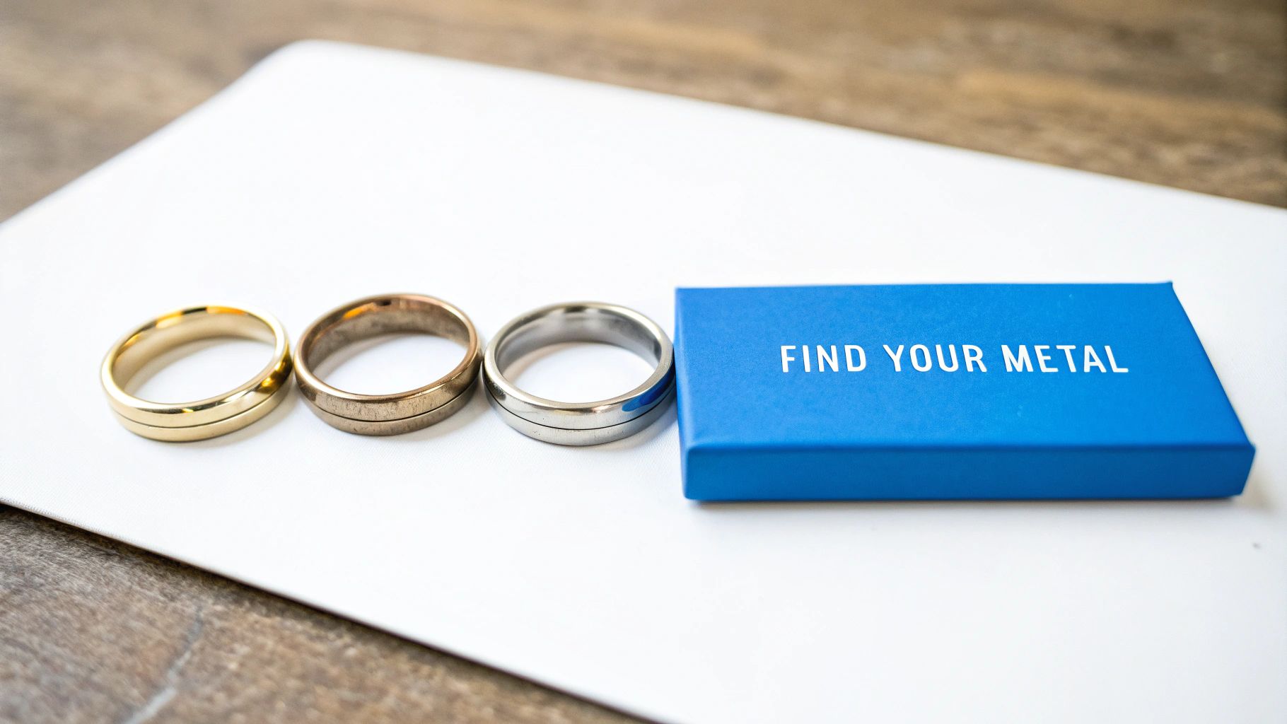 A pair of gold wedding bands resting on a white surface.