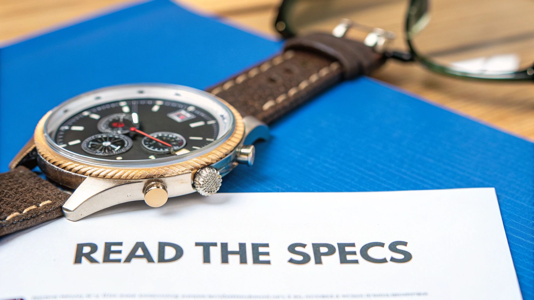 A close-up of a men's chronograph watch with a brown leather strap resting on a blue document and paper that says "READ THE SPECS."