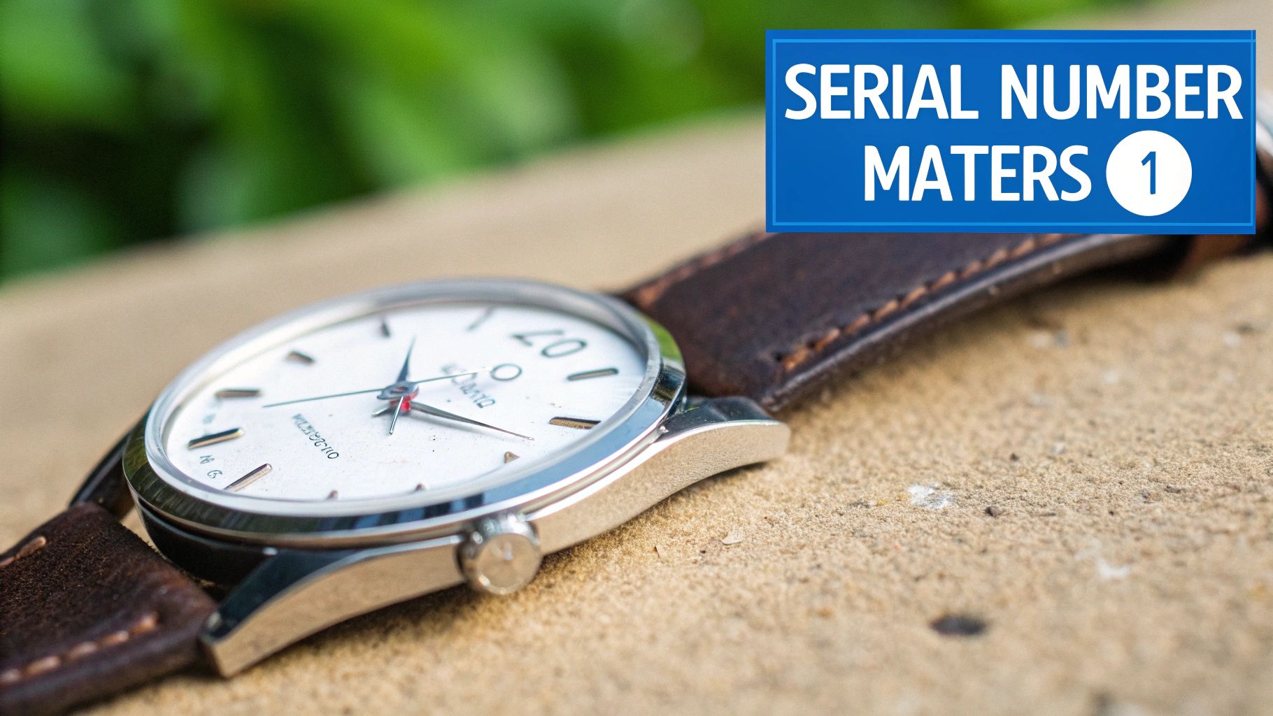 A stylish silver watch with a white dial and brown leather strap, next to a 'SERIAL NUMBER MATTERS 1' banner.