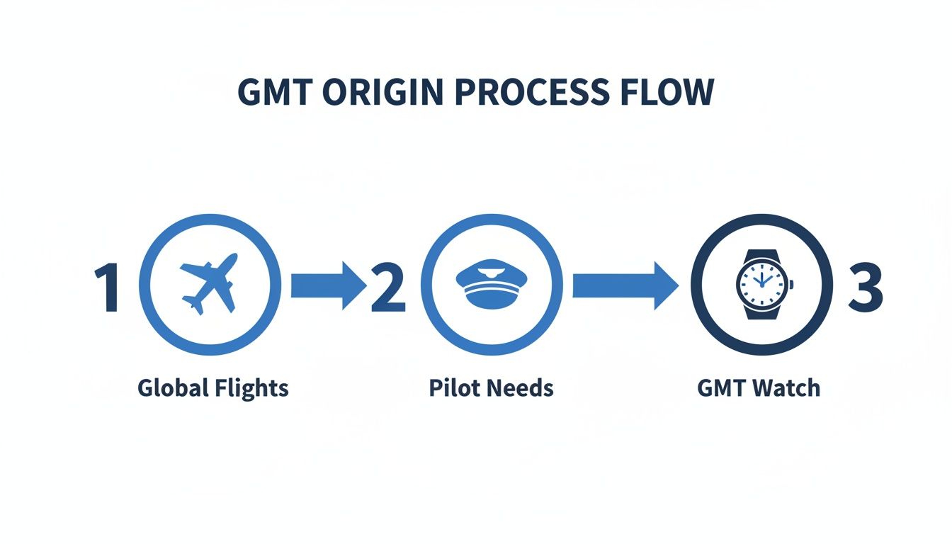 Process flow for GMT watch origin, illustrating global flights and pilot needs leading to GMT watches.