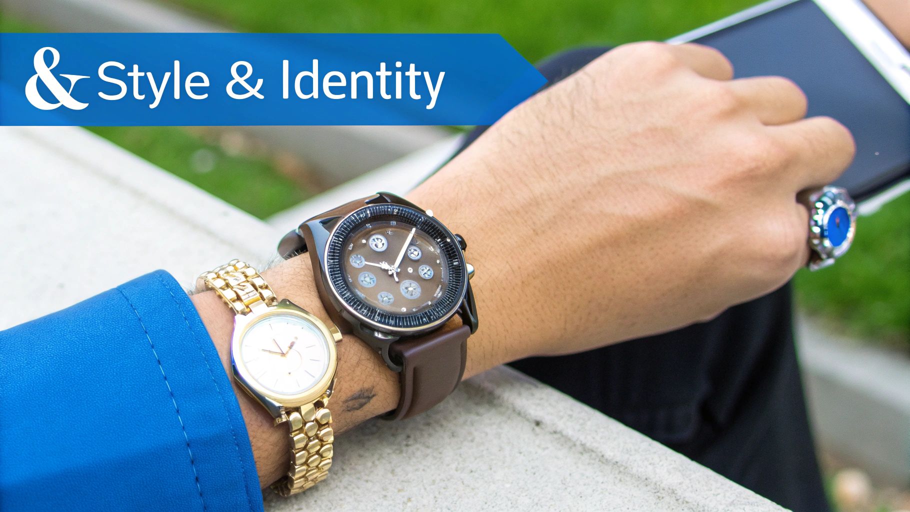 A person's arms showcasing a classic gold analog watch and a modern brown smartwatch.