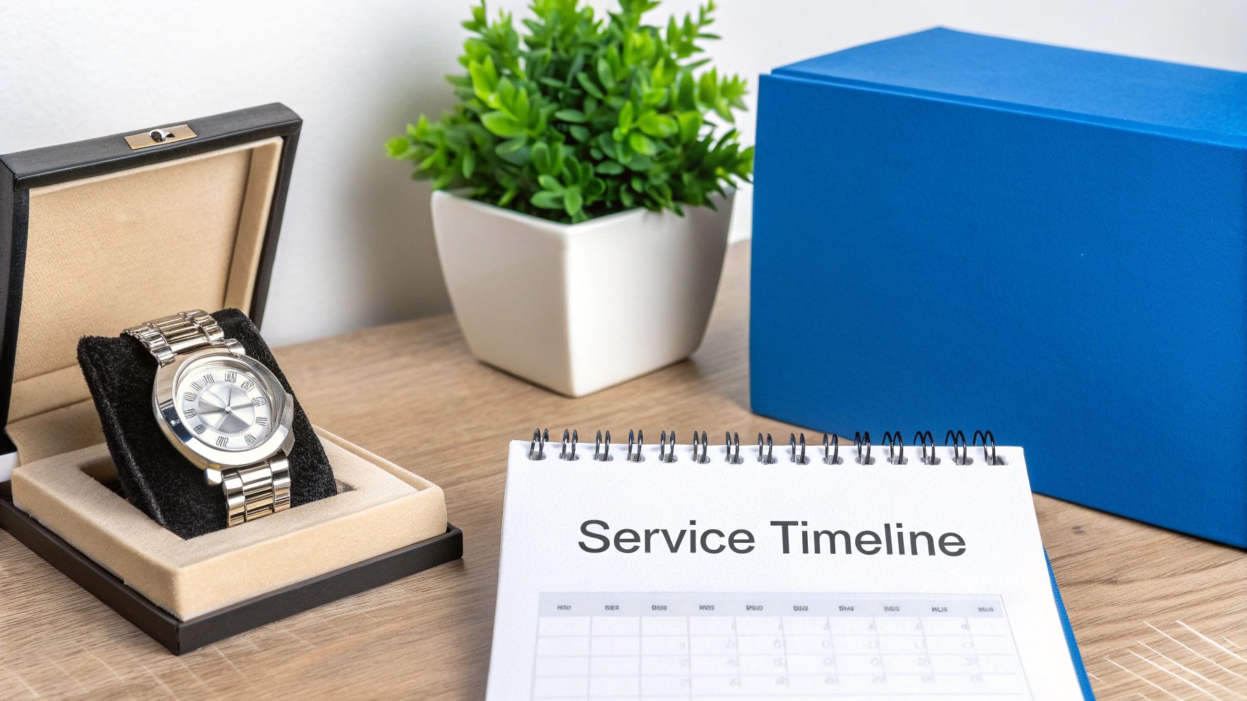 A silver watch in a display box next to a calendar titled 'Service Timeline' on a wooden desk.