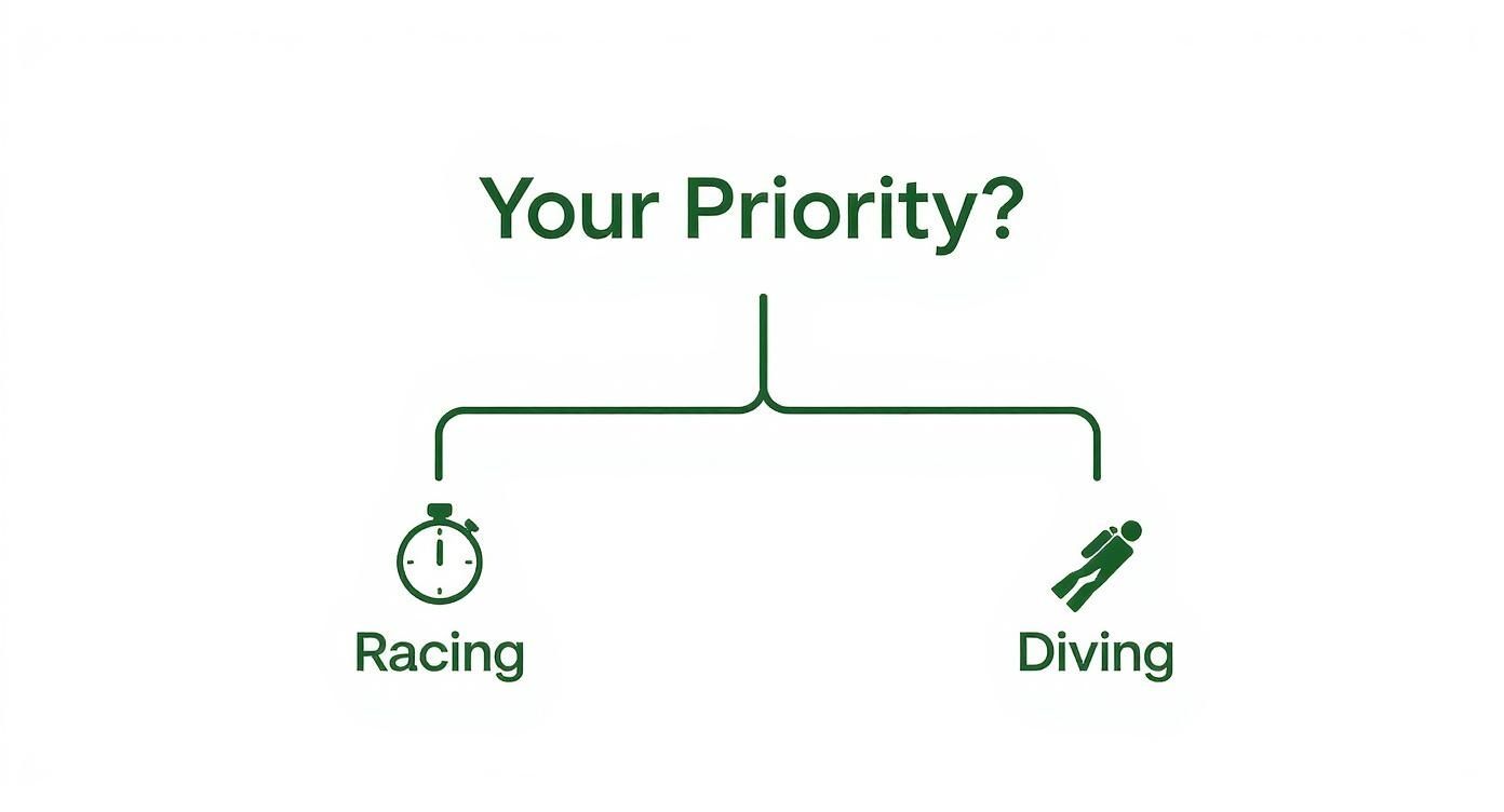 A diagram asking 'Your Priority?' presenting two options: Racing, represented by a stopwatch, and Diving, with a scuba diver icon.