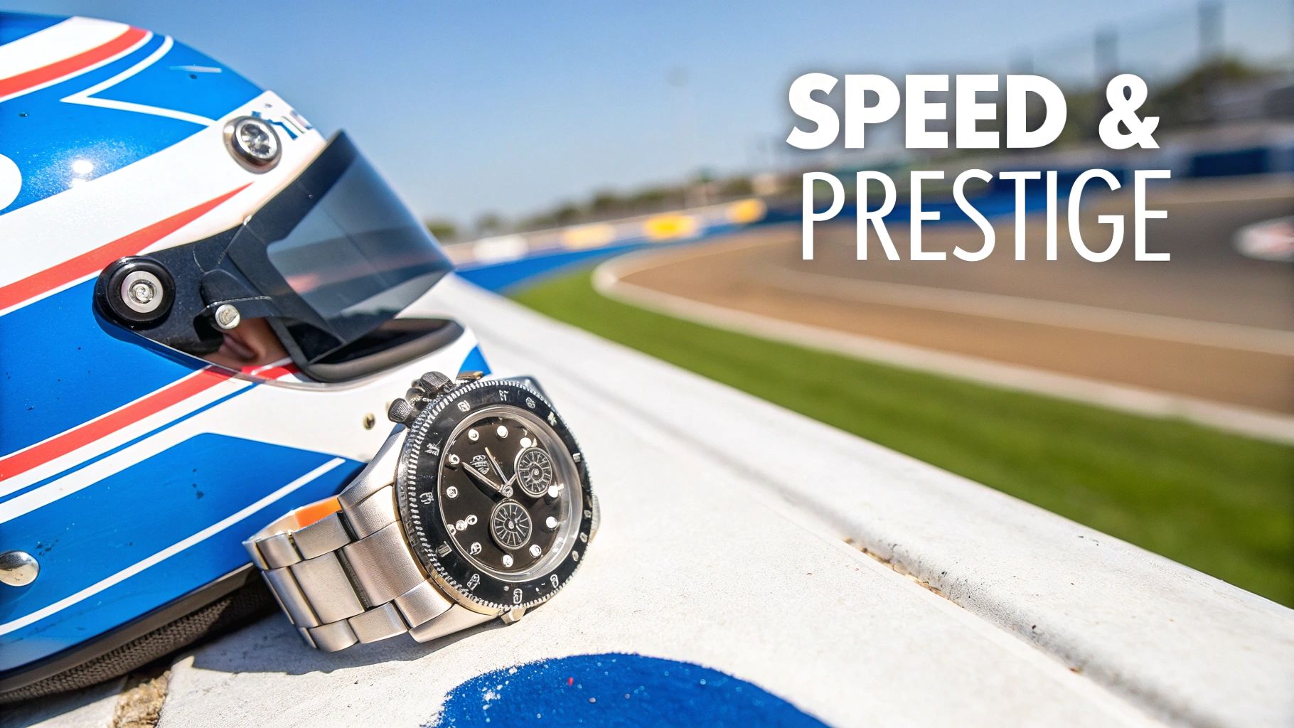 A stylish chronograph watch and a racing helmet by a racetrack under a clear sky.