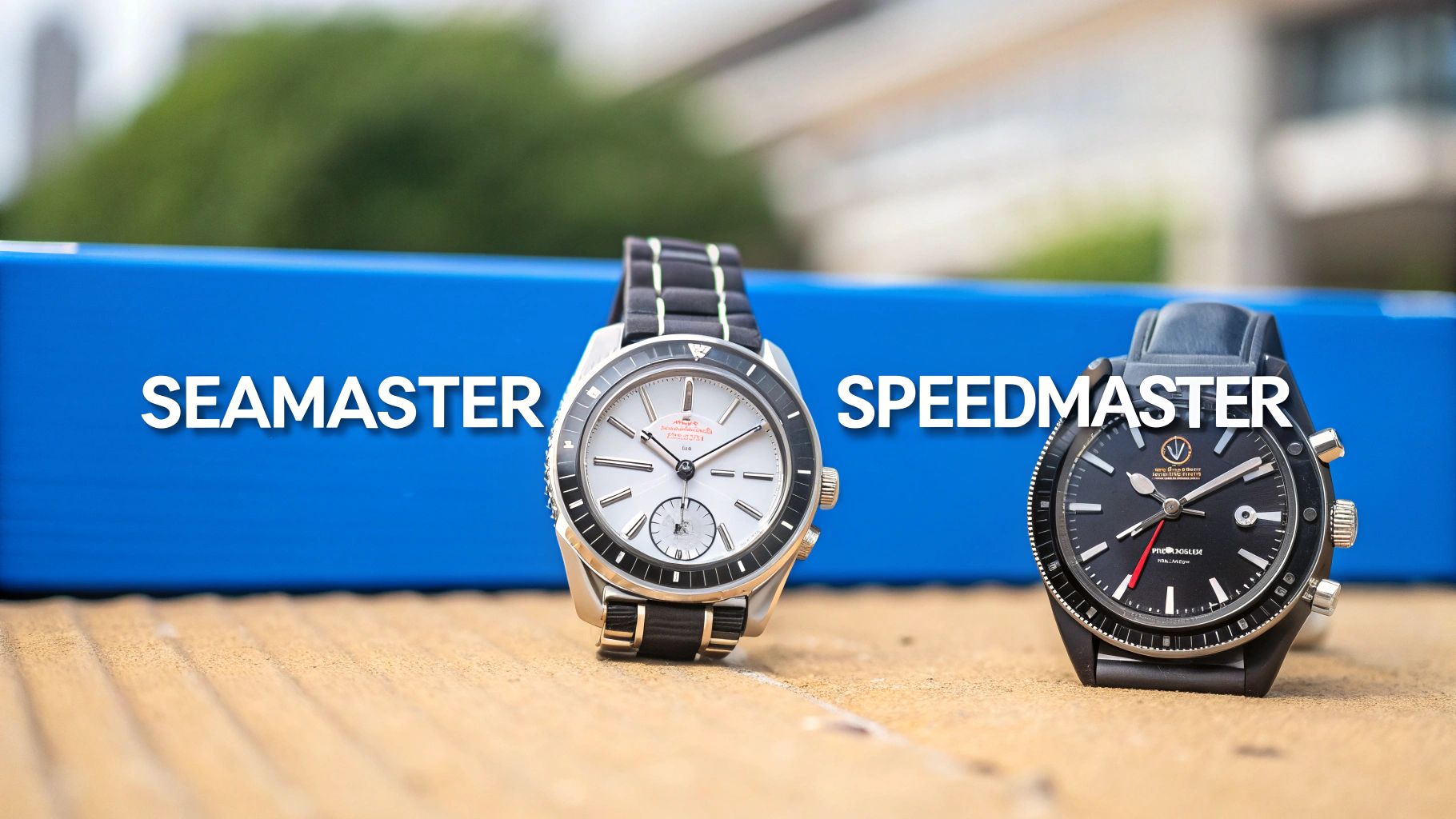 Two Omega watches, a Seamaster and a Speedmaster, displayed side-by-side